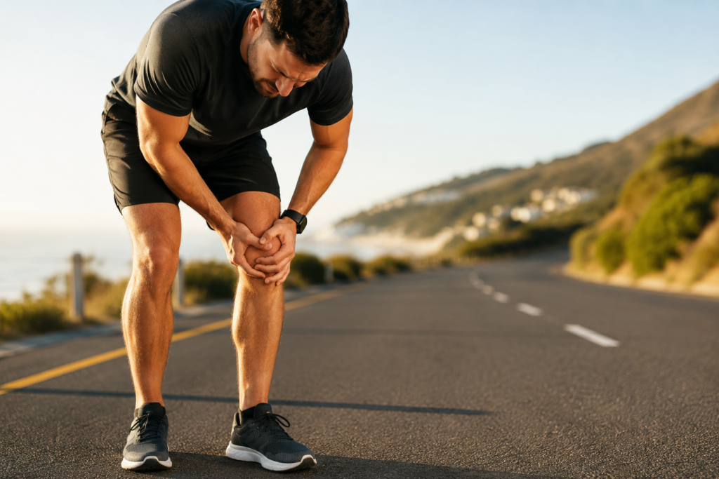 Runner stopping mid-run to hold an injured knee on a road, illustrating running injury statistics